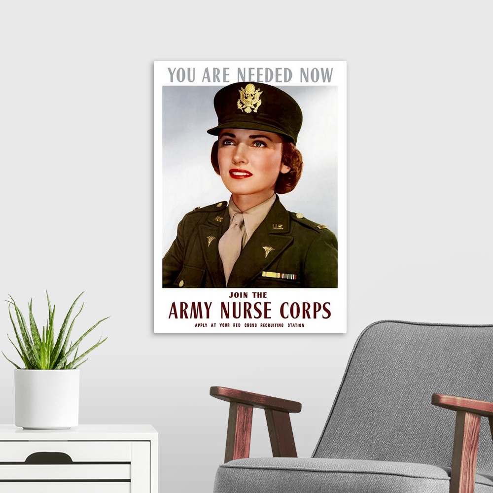 A modern room featuring Vintage World War II poster of a smiling female officer of the U.S. Army Medical Corps. It reads,...