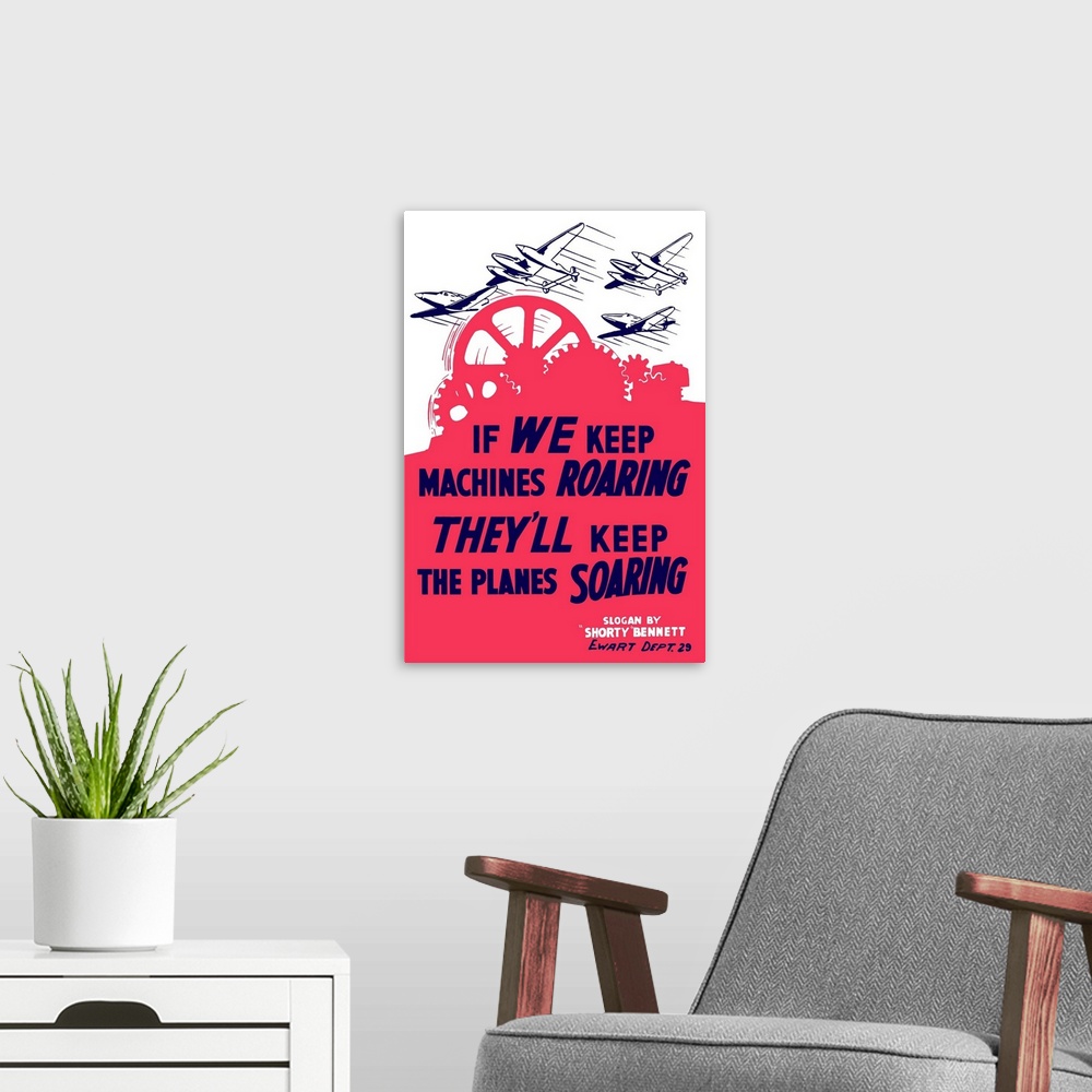 A modern room featuring Vintage World War II propaganda poster featuring factory gears turning as fighter planes fly thro...