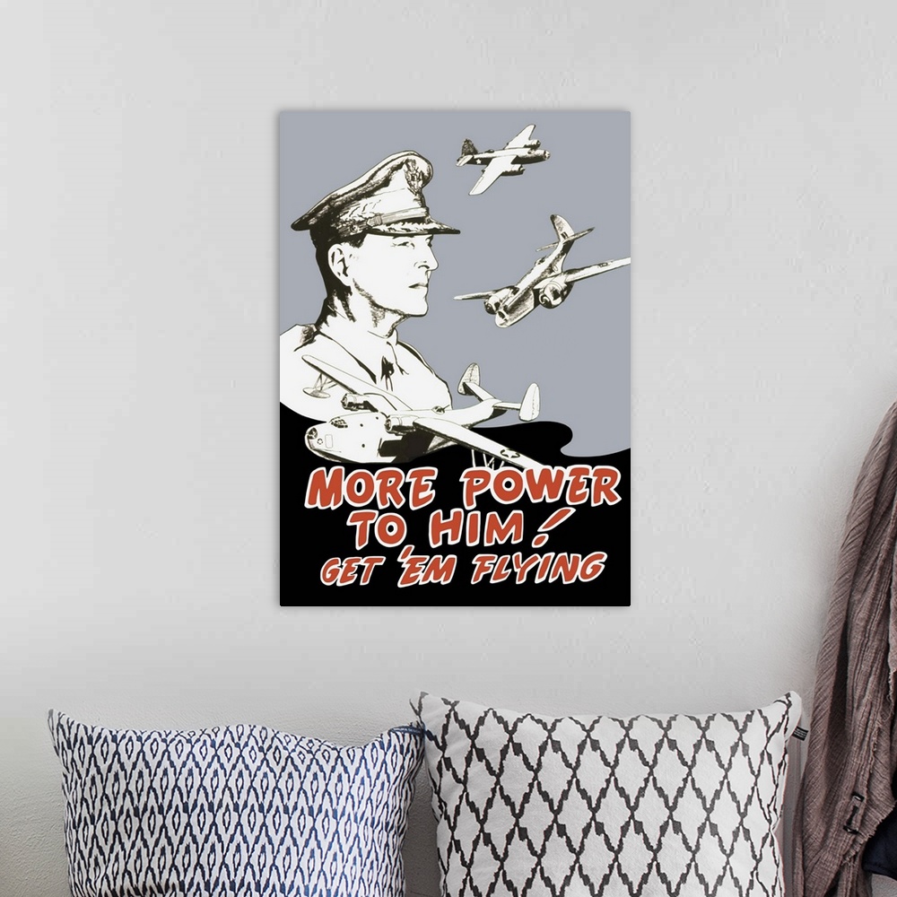 A bohemian room featuring Vintage World War II propaganda poster featuring General Douglas MacArthur and bombers flying. It...