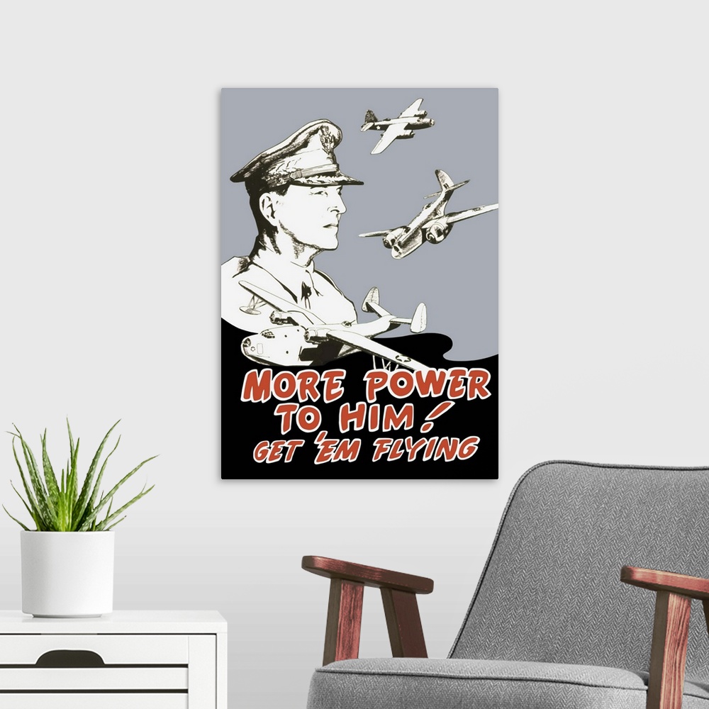 A modern room featuring Vintage World War II propaganda poster featuring General Douglas MacArthur and bombers flying. It...