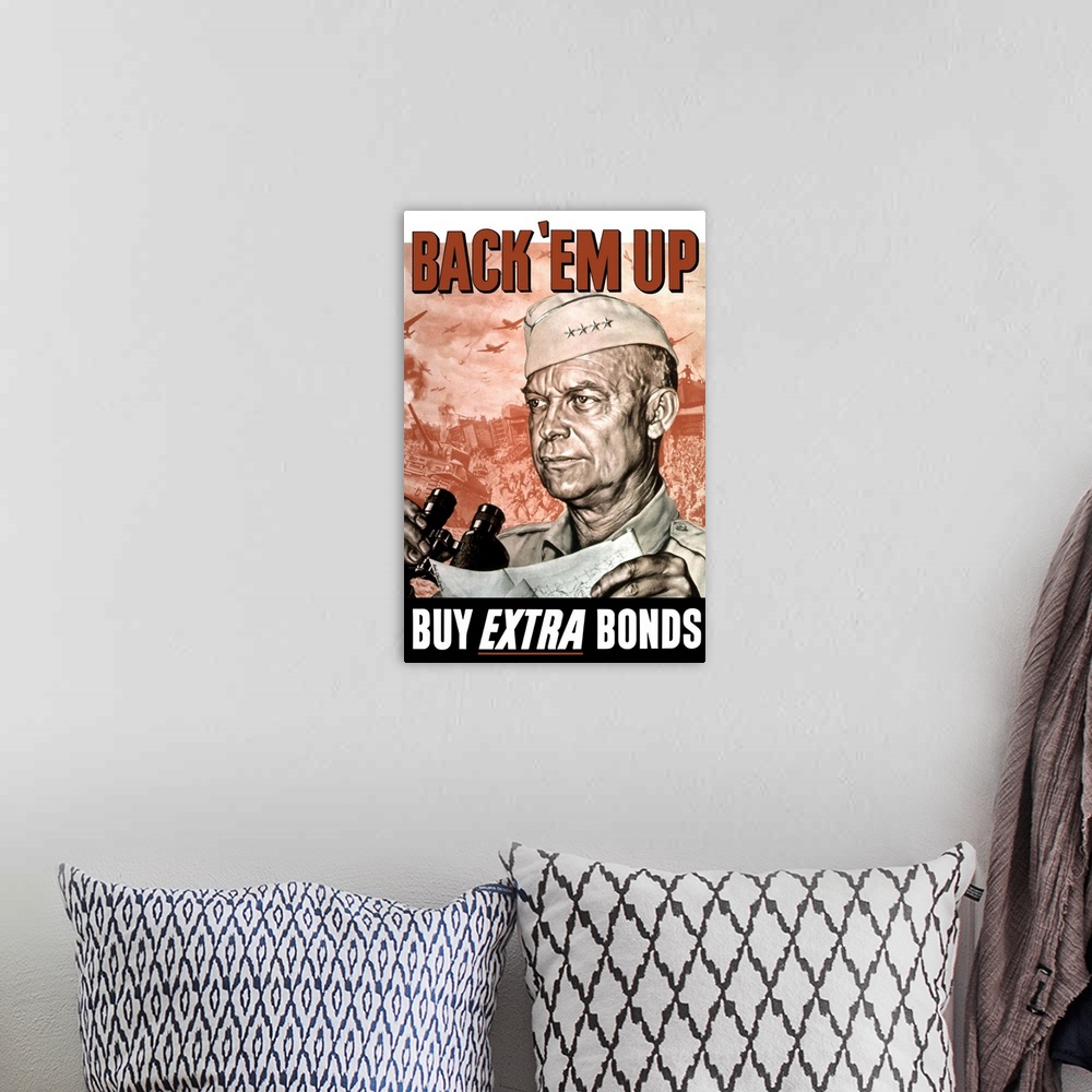 A bohemian room featuring Vintage World War II propaganda poster featuring General Dwight Eisenhower holding a map and bino...