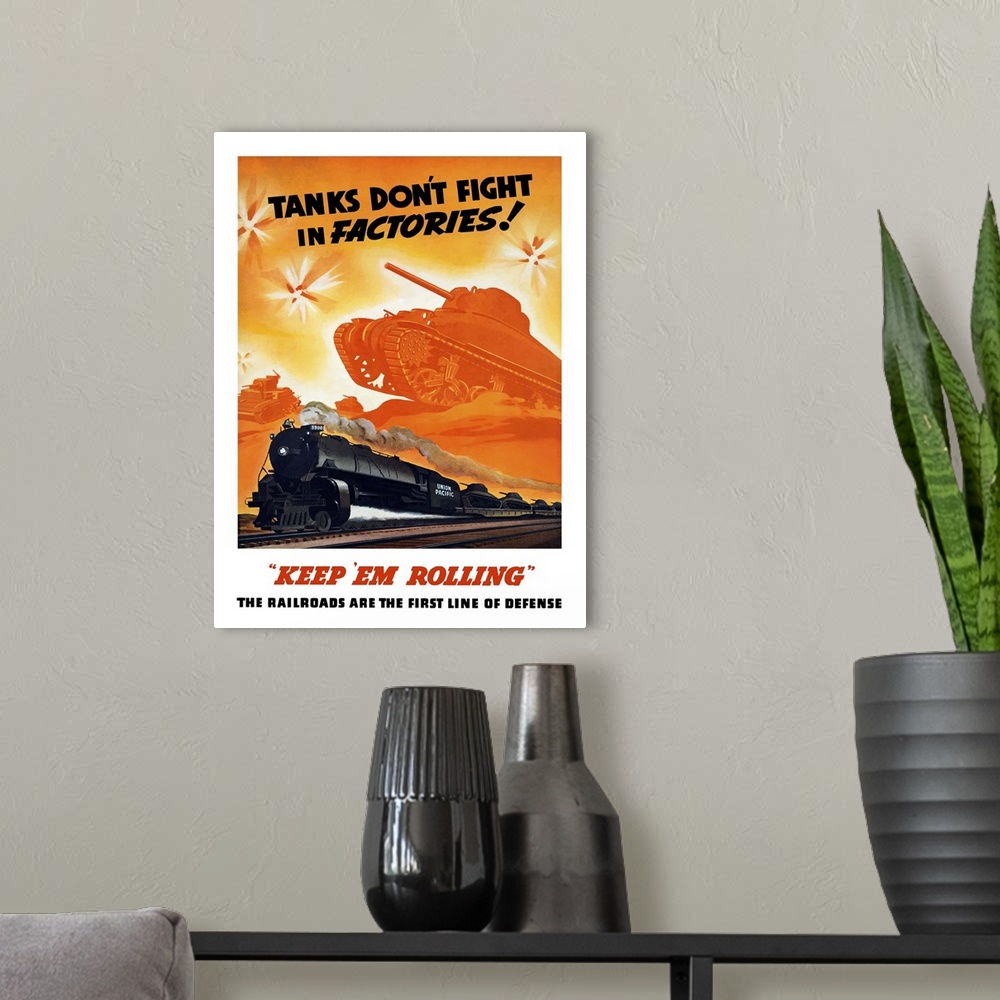 A modern room featuring Vintage World War II poster of tanks rolling into battle and a locomotive steaming down the track...