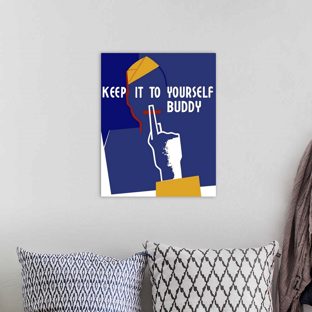A bohemian room featuring Vintage World War II poster showing the silhouette of a soldier with his finger to his lips. It r...