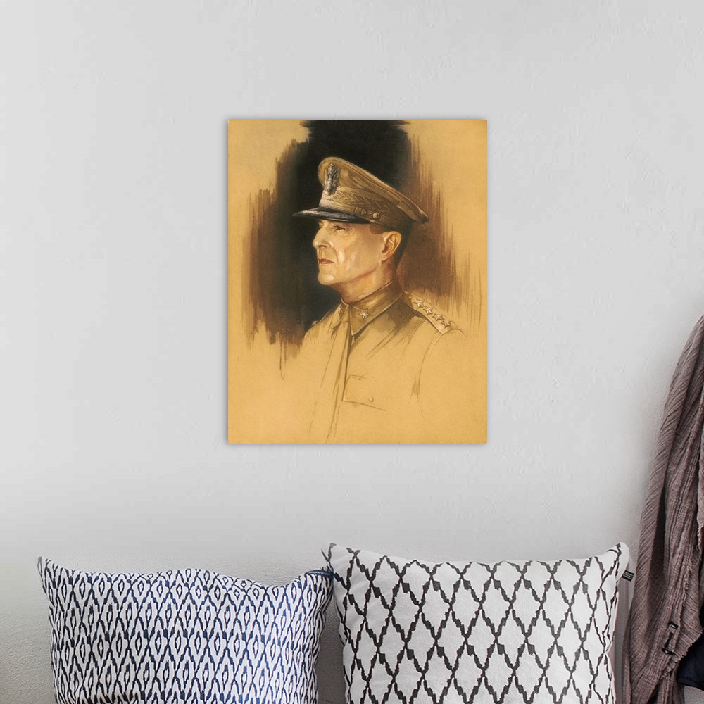 A bohemian room featuring World War II print of General Douglas MacArthur.