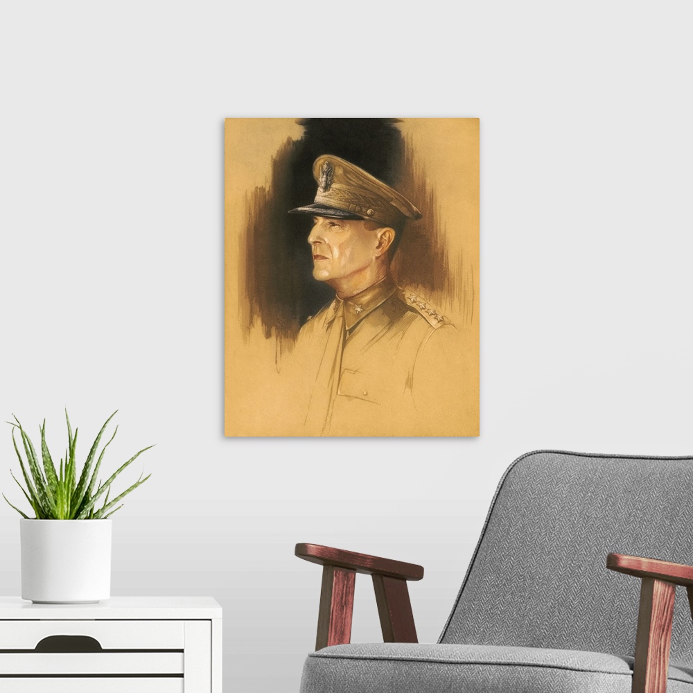 A modern room featuring World War II print of General Douglas MacArthur.