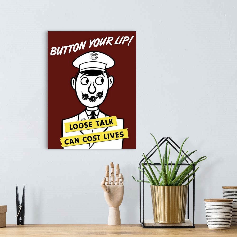 A bohemian room featuring Vintage World War II propaganda poster featuring a cartoon army officer with his lips buttoned to...