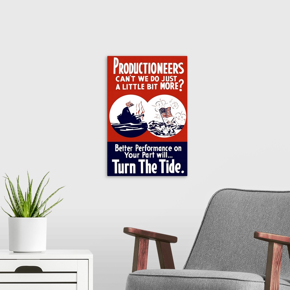 A modern room featuring Vintage World War II propaganda poster featuring a ship sinking and a soldier in combat, holding ...
