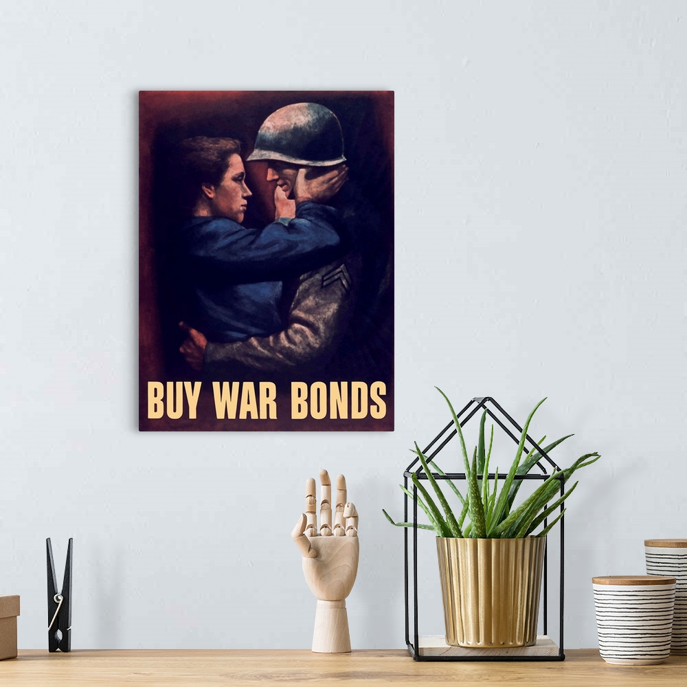 A bohemian room featuring Vintage World War II propaganda poster featuring a soldier embracing a woman. It reads, Buy War B...
