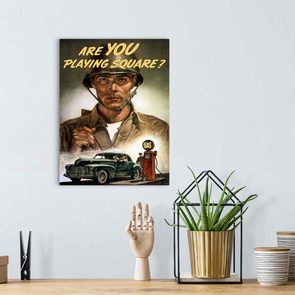 A bohemian room featuring Vintage World War Two propaganda poster featuring a soldier overlooking a man, filling up his car...
