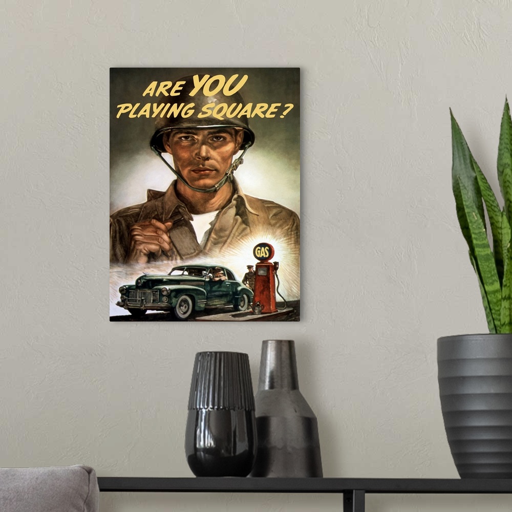 A modern room featuring Vintage World War Two propaganda poster featuring a soldier overlooking a man, filling up his car...