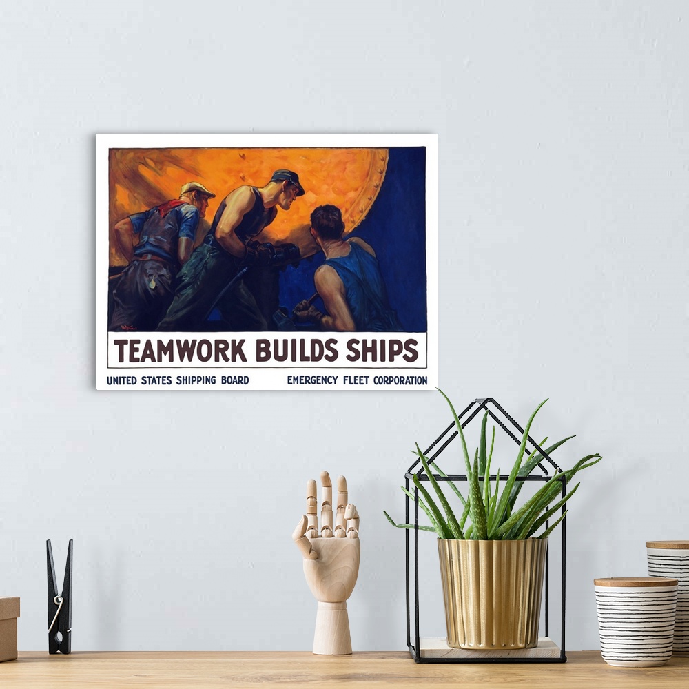 A bohemian room featuring Vintage World War II propaganda poster featuring a team of three men riveting the hull of a ship....