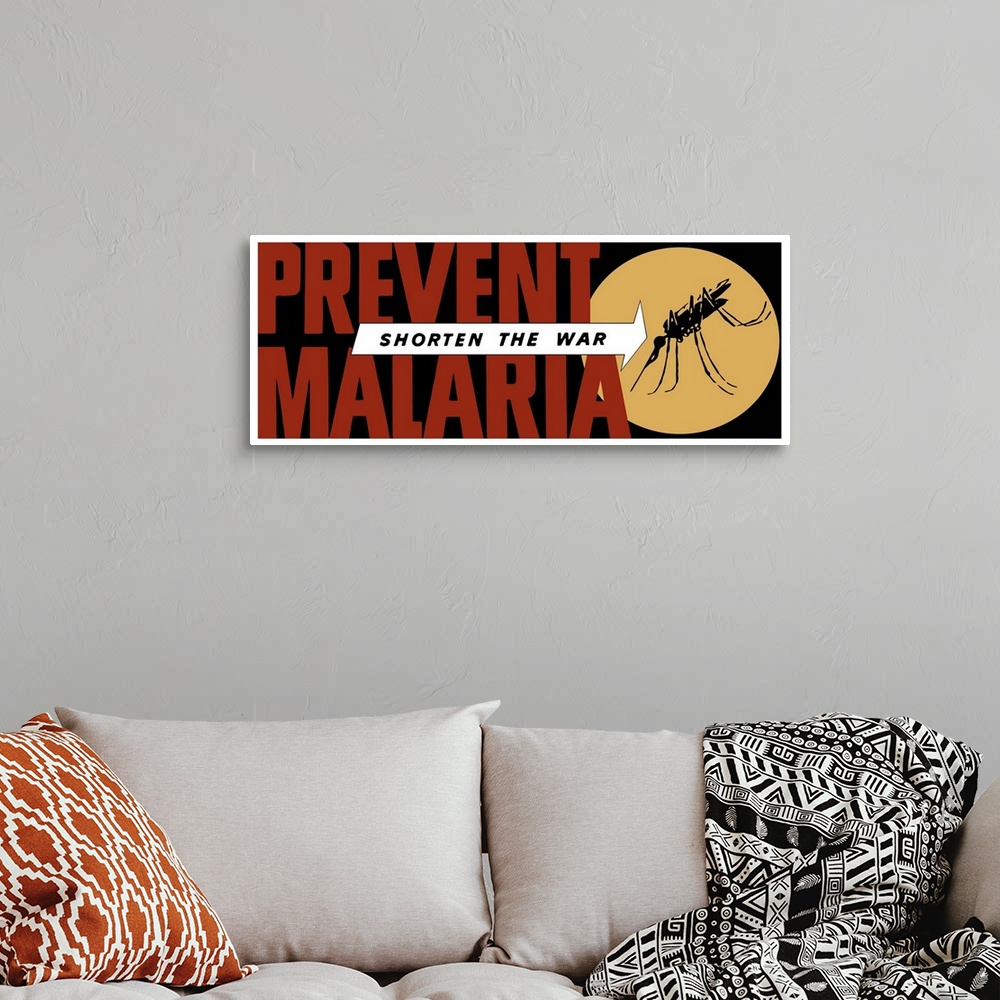 A bohemian room featuring Vintage World War II propaganda poster featuring an arrow pointing at a large mosquito. It reads,...