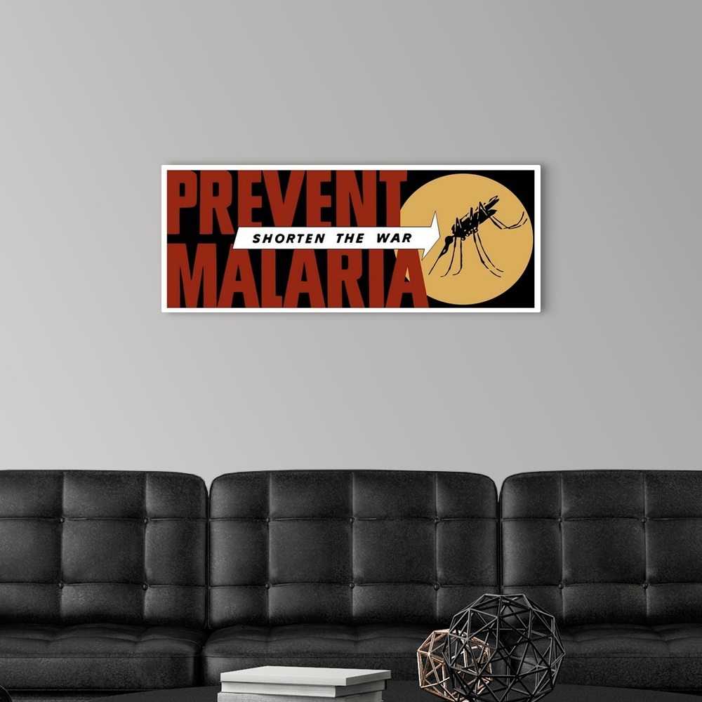 A modern room featuring Vintage World War II propaganda poster featuring an arrow pointing at a large mosquito. It reads,...