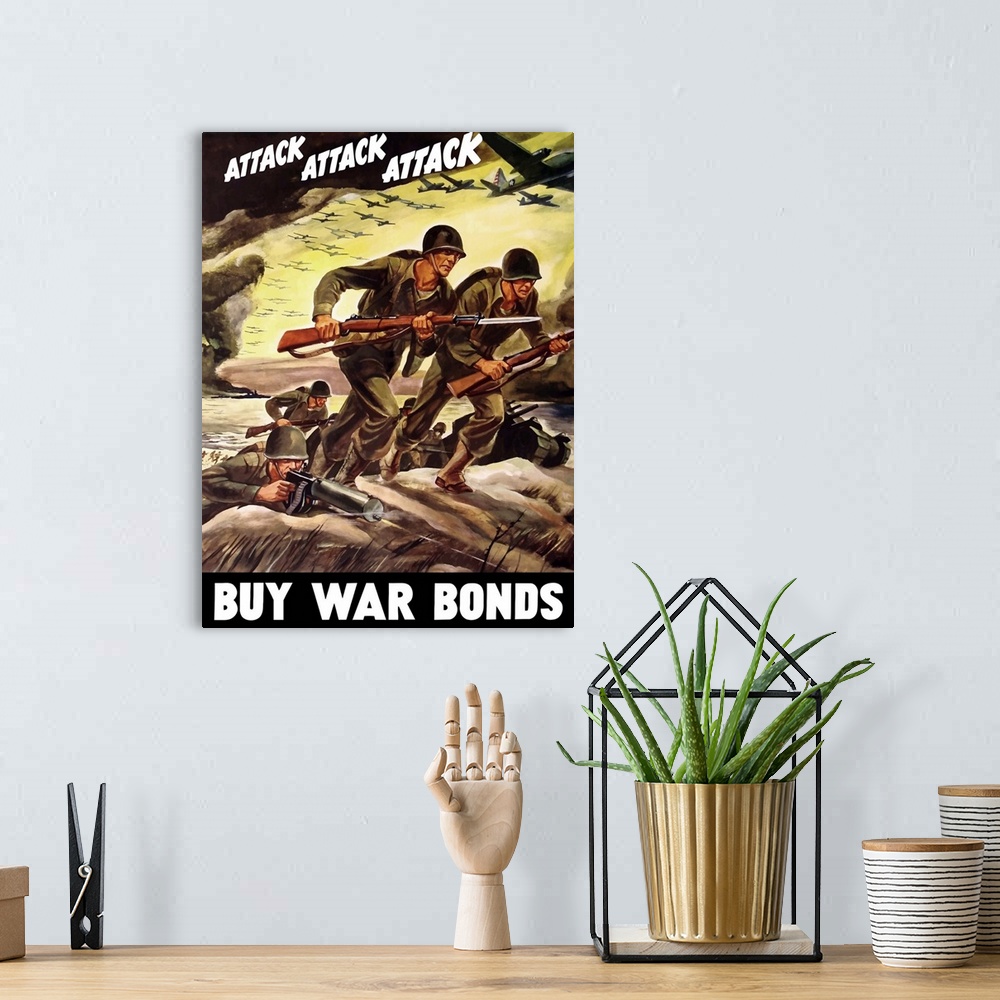 A bohemian room featuring Vintage World War II propaganda poster featuring soldiers assaulting a beach with rifles, and bom...