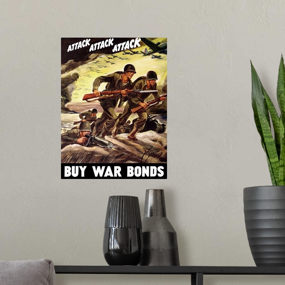 A modern room featuring Vintage World War II propaganda poster featuring soldiers assaulting a beach with rifles, and bom...