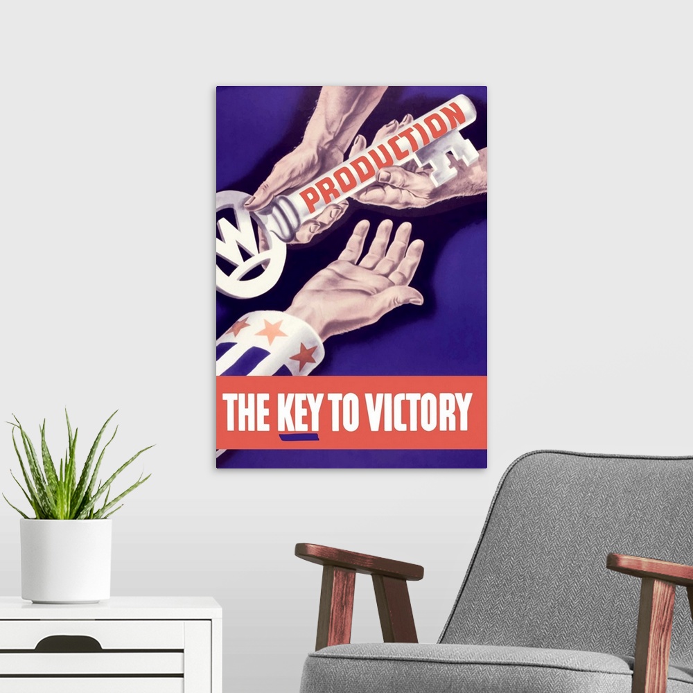 A modern room featuring Vintage World War II propaganda poster featuring someone handing a large key to the hand of Uncle...