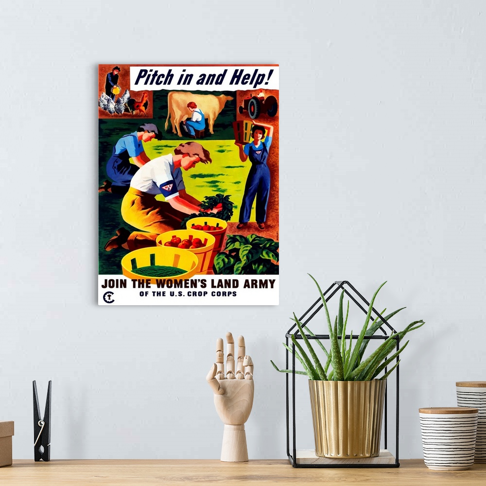 A bohemian room featuring Vintage World War II propaganda poster featuring several women doing various chores on a farm. It...