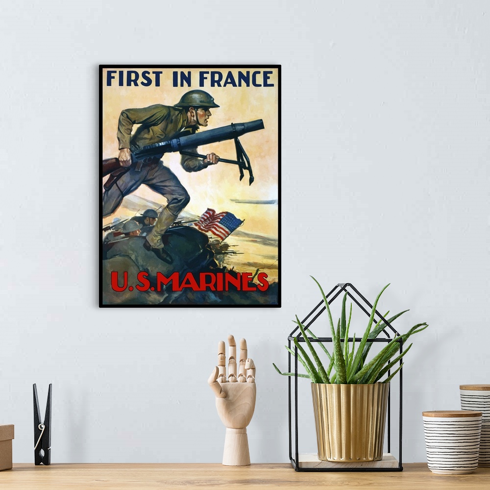 A bohemian room featuring Vintage World War One poster of Marines charging into battle behind the American flag. It declare...