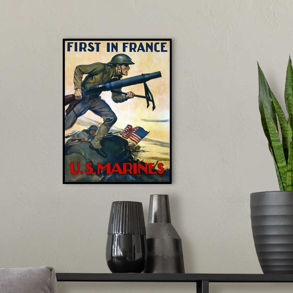 A modern room featuring Vintage World War One poster of Marines charging into battle behind the American flag. It declare...