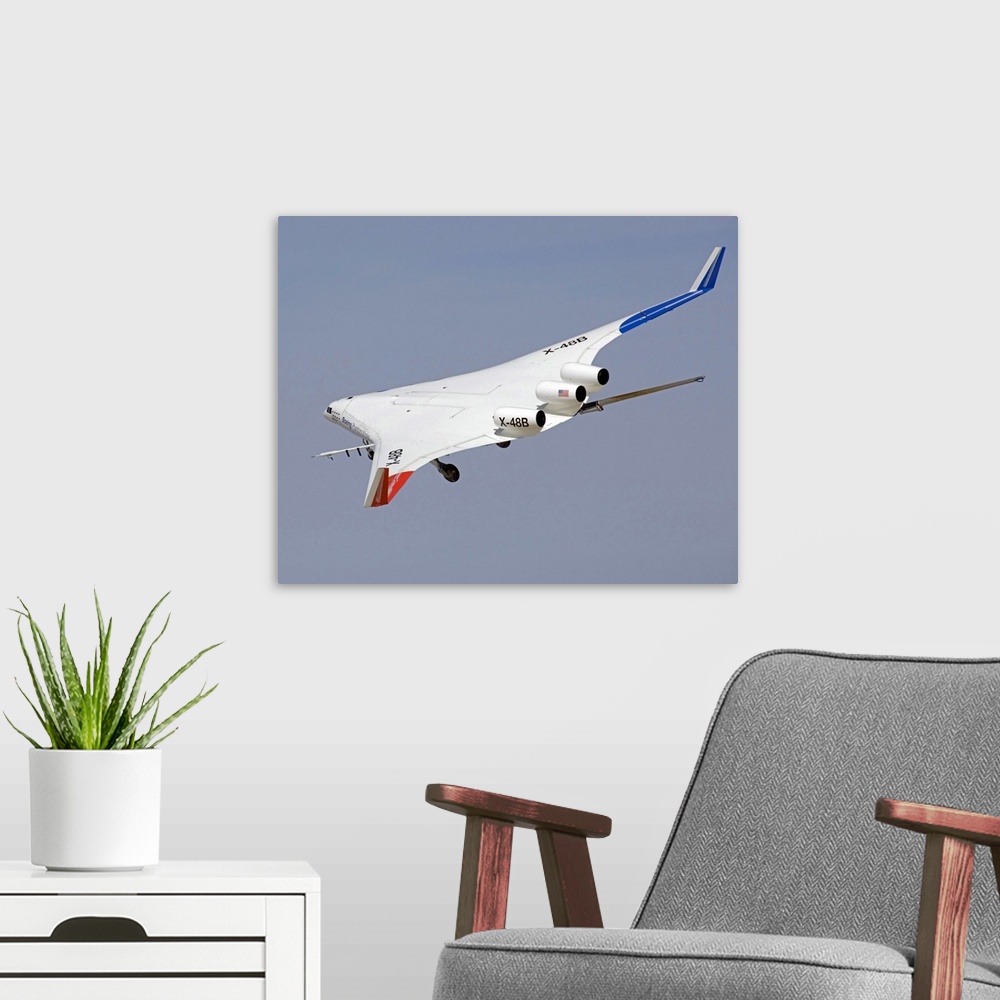 A modern room featuring X48B Blended Wing Body in flight