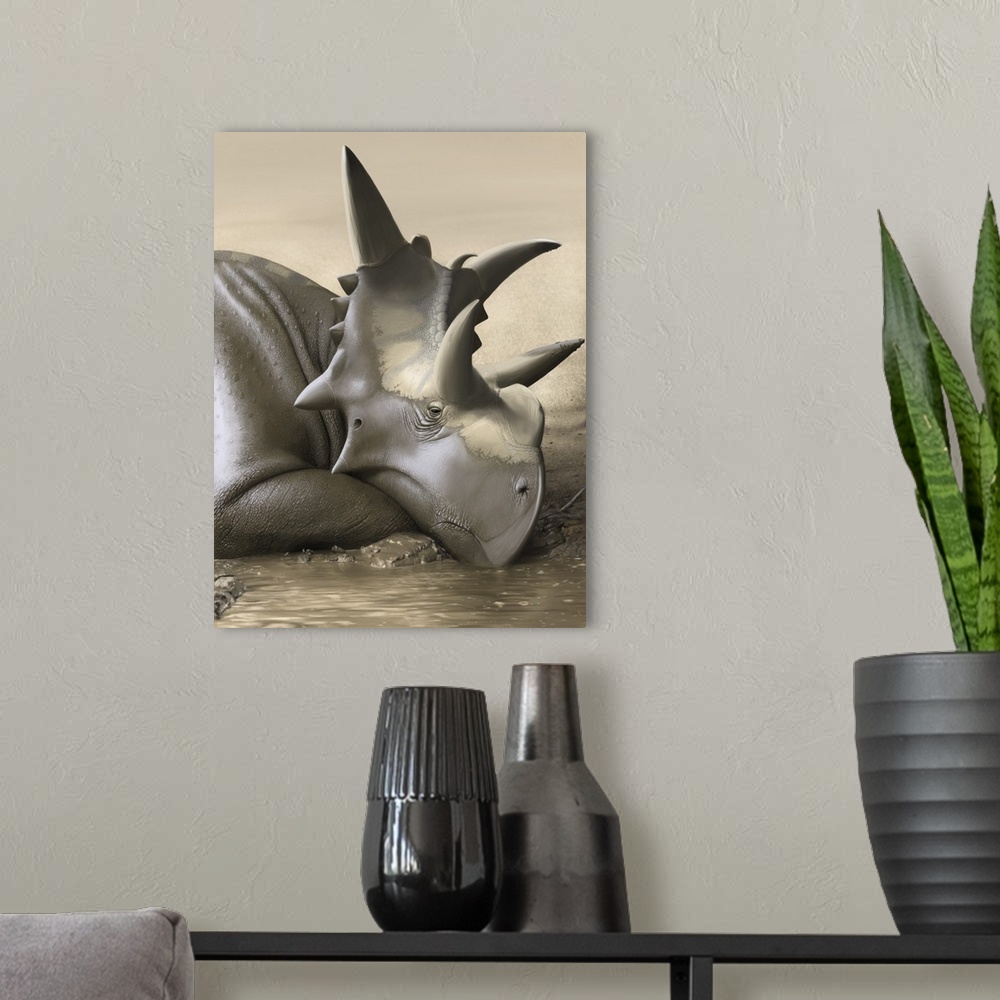 A modern room featuring Xenoceratops foremostensis relaxing in a mud puddle.