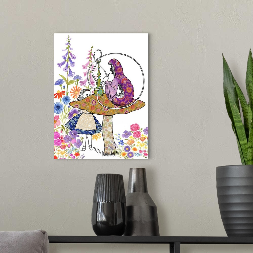 A modern room featuring The caterpillar from Alice in Wonderland sitting on a mushroom with Alice, with floral patterns.