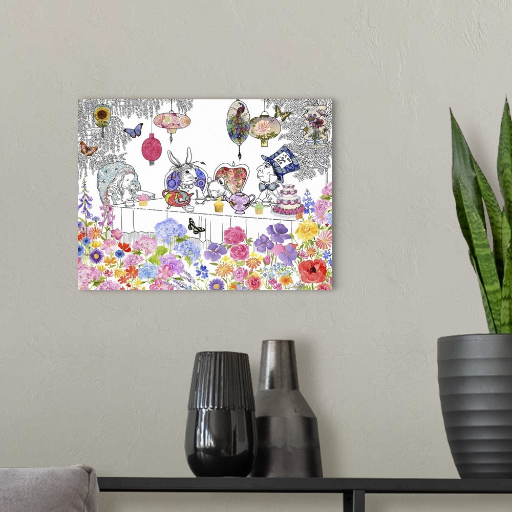 A modern room featuring Illustration of Alice at the Mad Hatter's tea party, with colorful flowers and butterflies.