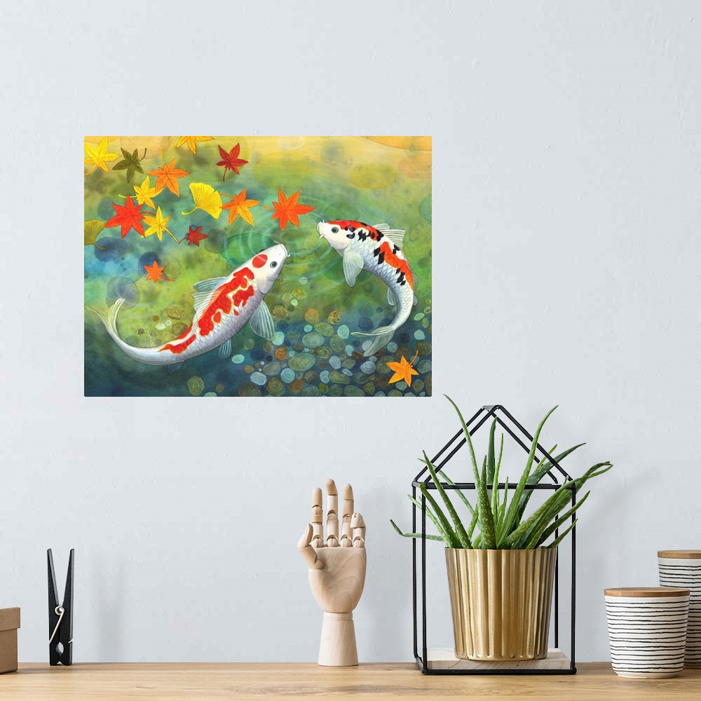 A bohemian room featuring Two koi in a pond looking at fall leaves.