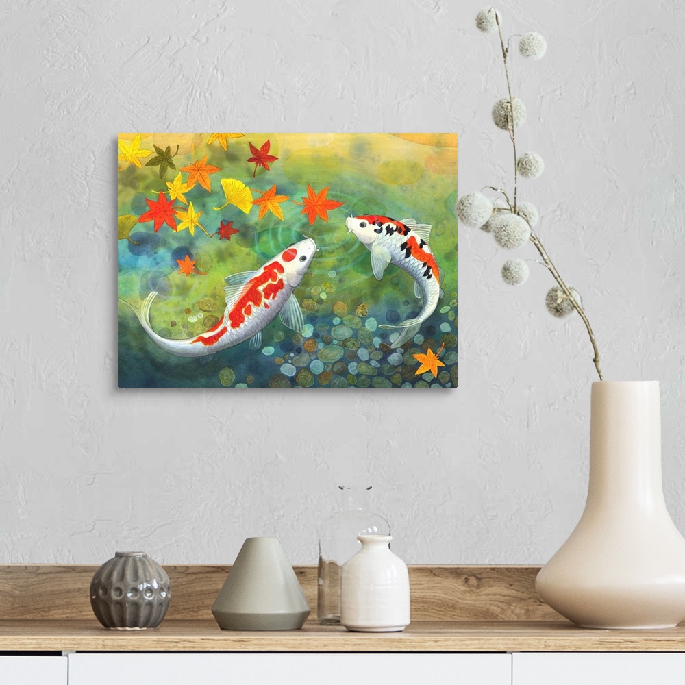 A farmhouse room featuring Two koi in a pond looking at fall leaves.