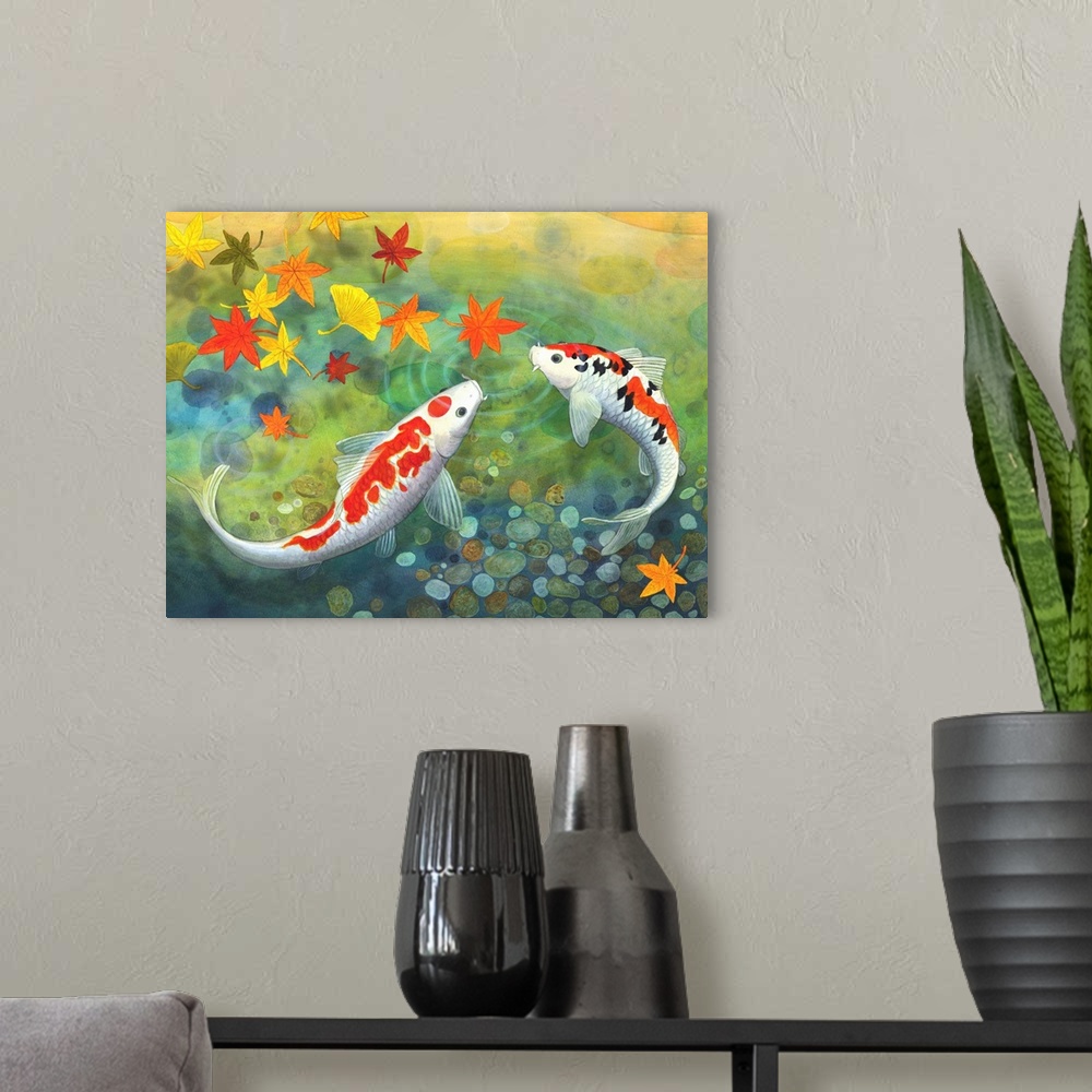 A modern room featuring Two koi in a pond looking at fall leaves.