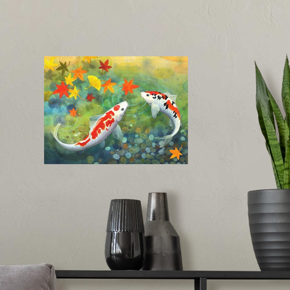 A modern room featuring Two koi in a pond looking at fall leaves.