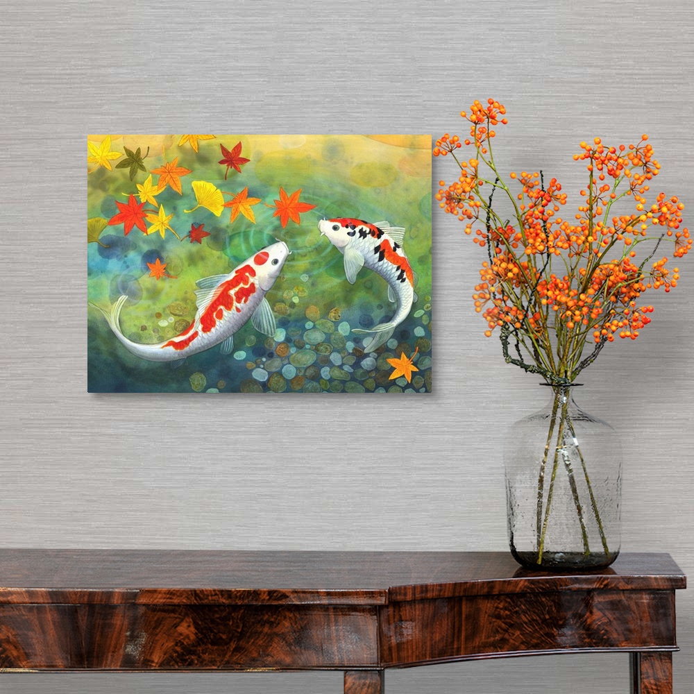 A traditional room featuring Two koi in a pond looking at fall leaves.