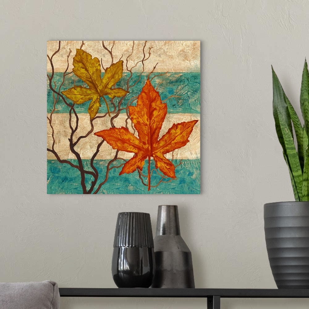 A modern room featuring Autumn Stripe with Leaves I