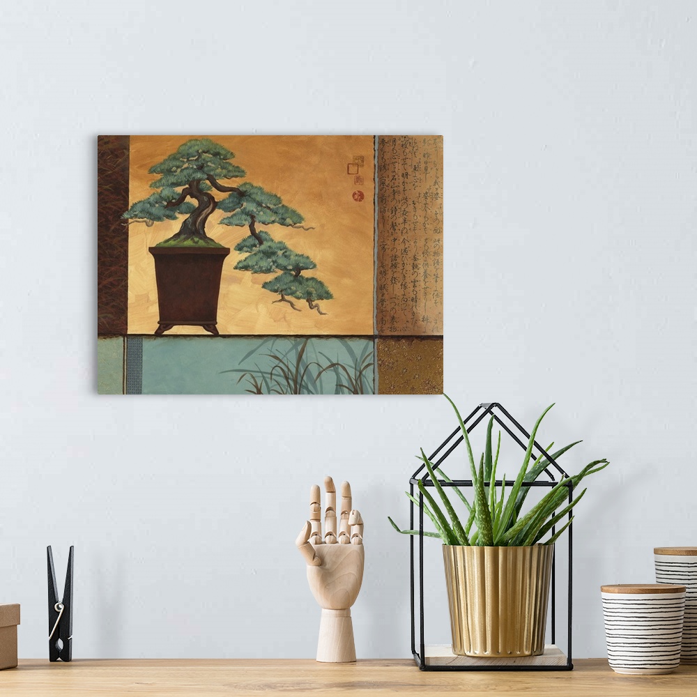 A bohemian room featuring Asian style painting of a bonsai plant in a tall vase.