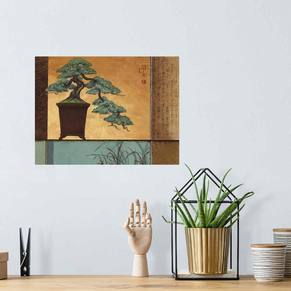 A bohemian room featuring Asian style painting of a bonsai plant in a tall vase.