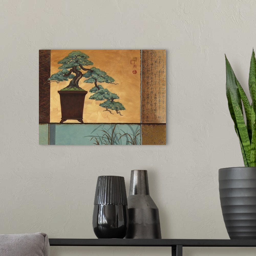 A modern room featuring Asian style painting of a bonsai plant in a tall vase.