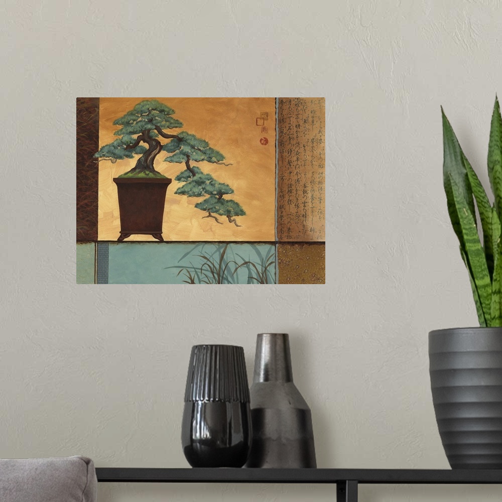 A modern room featuring Asian style painting of a bonsai plant in a tall vase.
