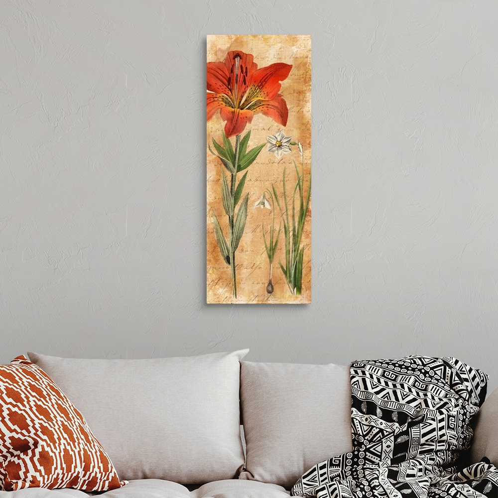 A bohemian room featuring Illustration of a large red lily and smaller white lilies.