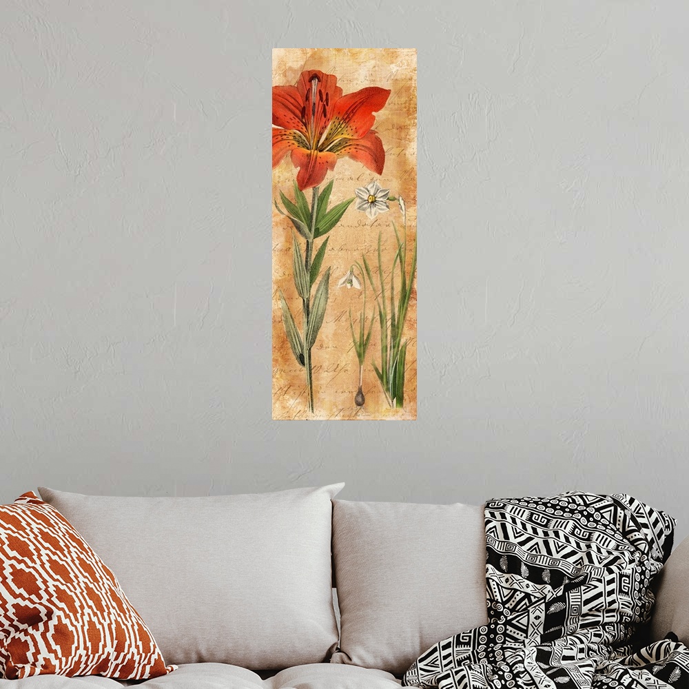 A bohemian room featuring Illustration of a large red lily and smaller white lilies.