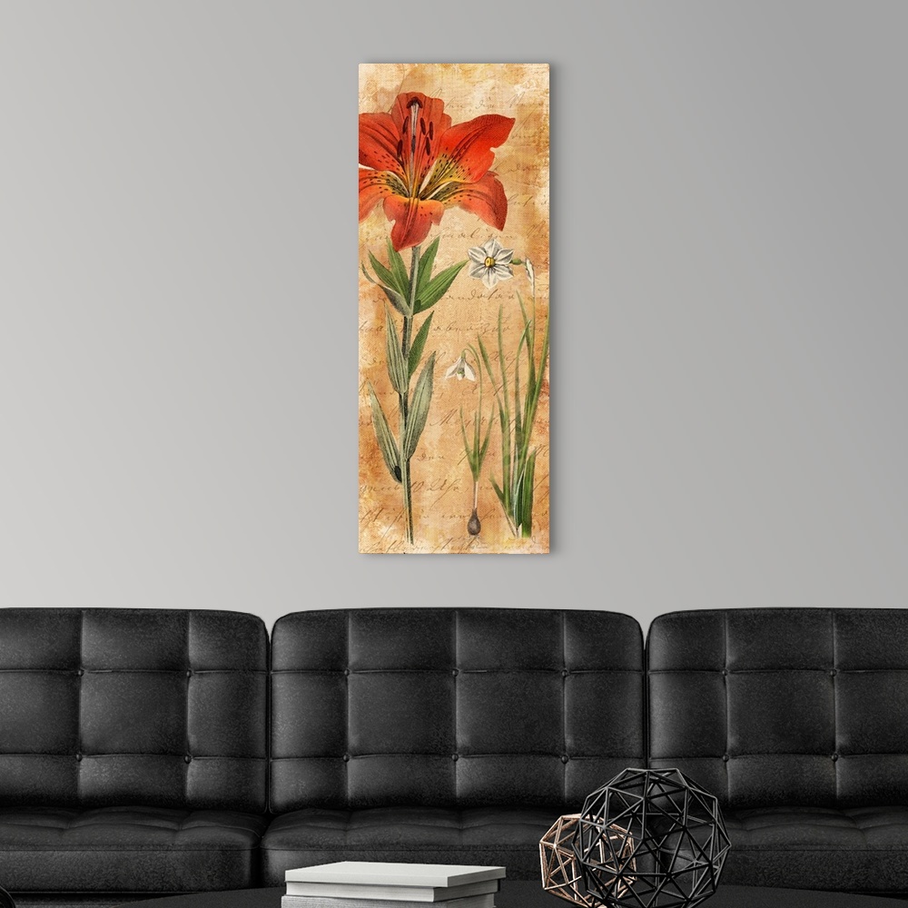 A modern room featuring Illustration of a large red lily and smaller white lilies.