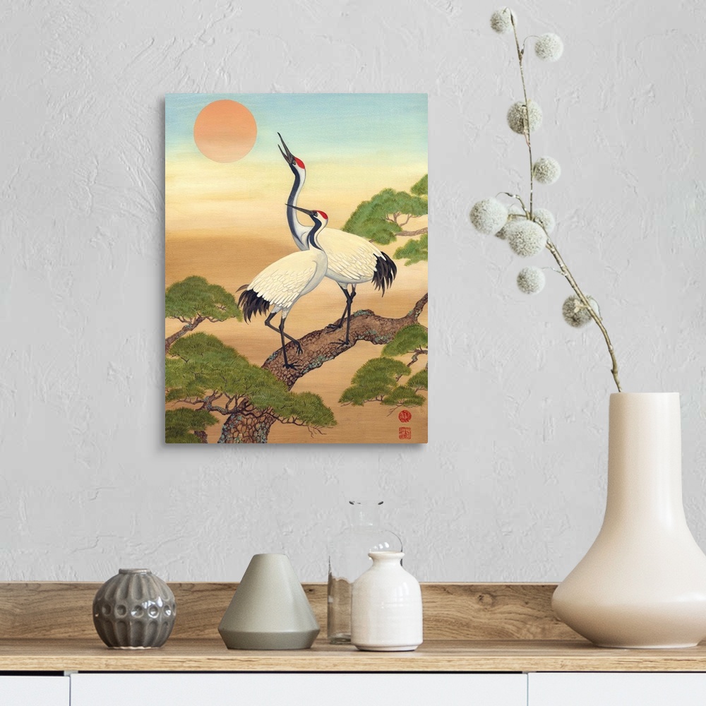 A farmhouse room featuring Asian style painting of two cranes perched in a tree, looking at the sun.