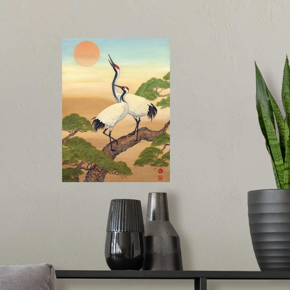 A modern room featuring Asian style painting of two cranes perched in a tree, looking at the sun.