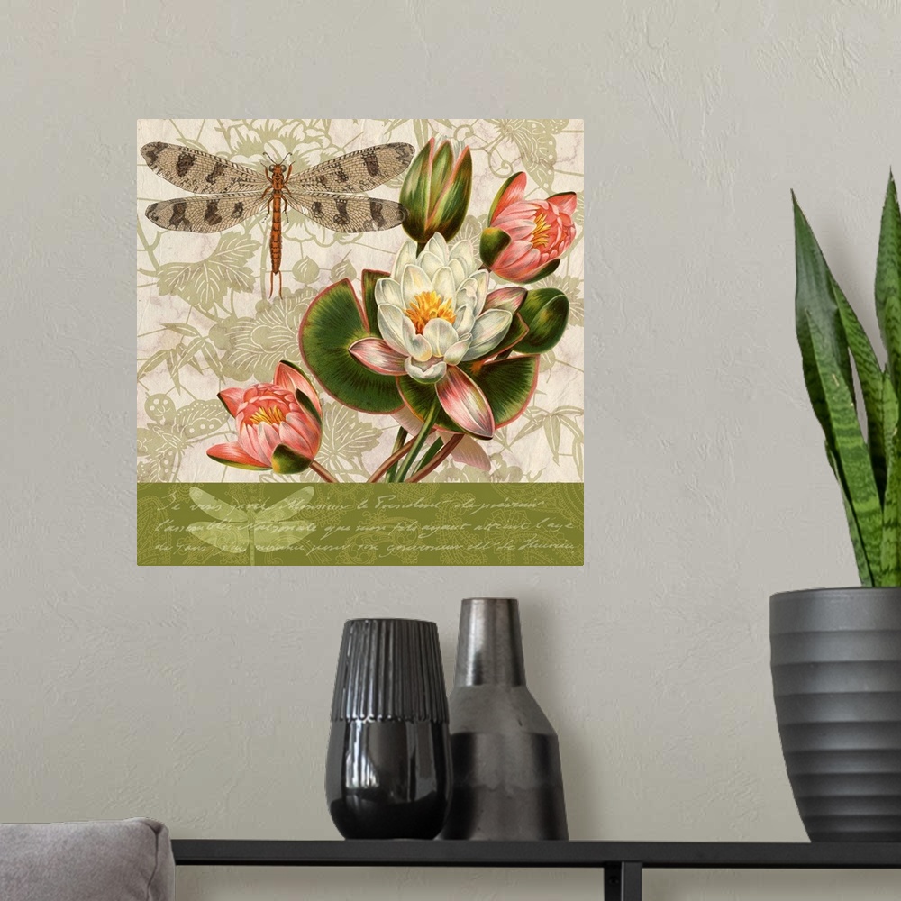 A modern room featuring Dragonflies and Water Lilies III