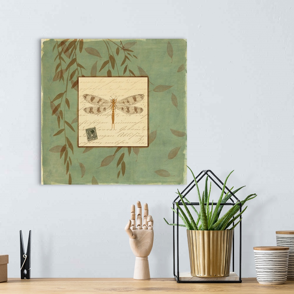 A bohemian room featuring A dragonfly framed by green willow leaves.
