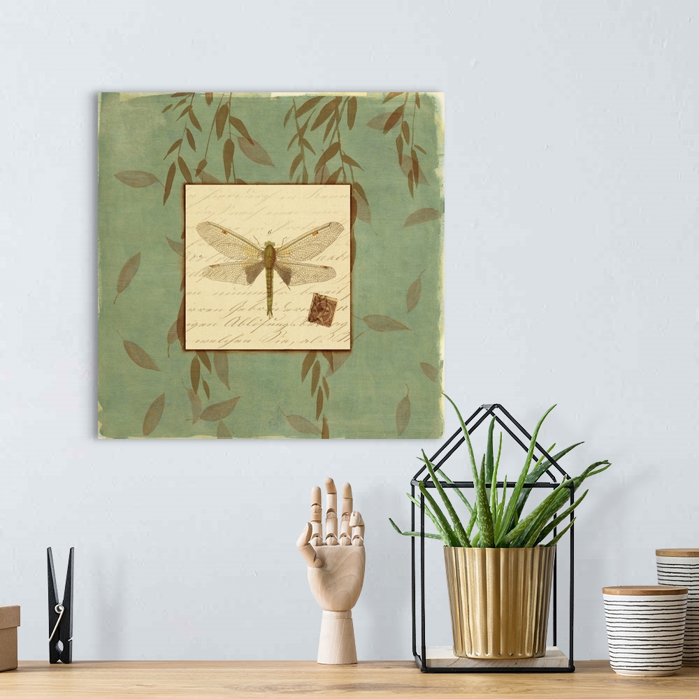 A bohemian room featuring A dragonfly framed by green willow leaves.