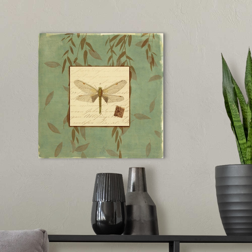 A modern room featuring A dragonfly framed by green willow leaves.