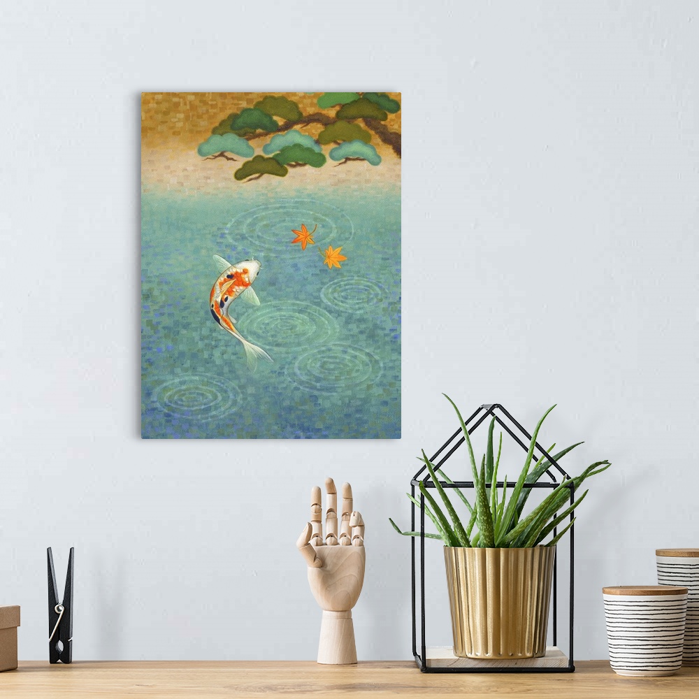 A bohemian room featuring A colorful koi fish swimming in a pond under a tree.