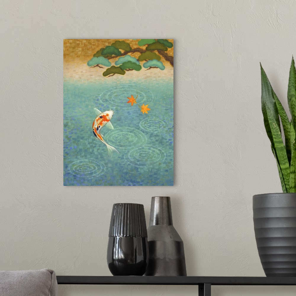 A modern room featuring A colorful koi fish swimming in a pond under a tree.