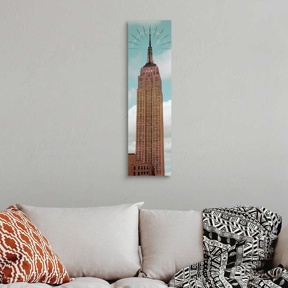 A bohemian room featuring The Empire State Building in New York City with a halo at the spire.