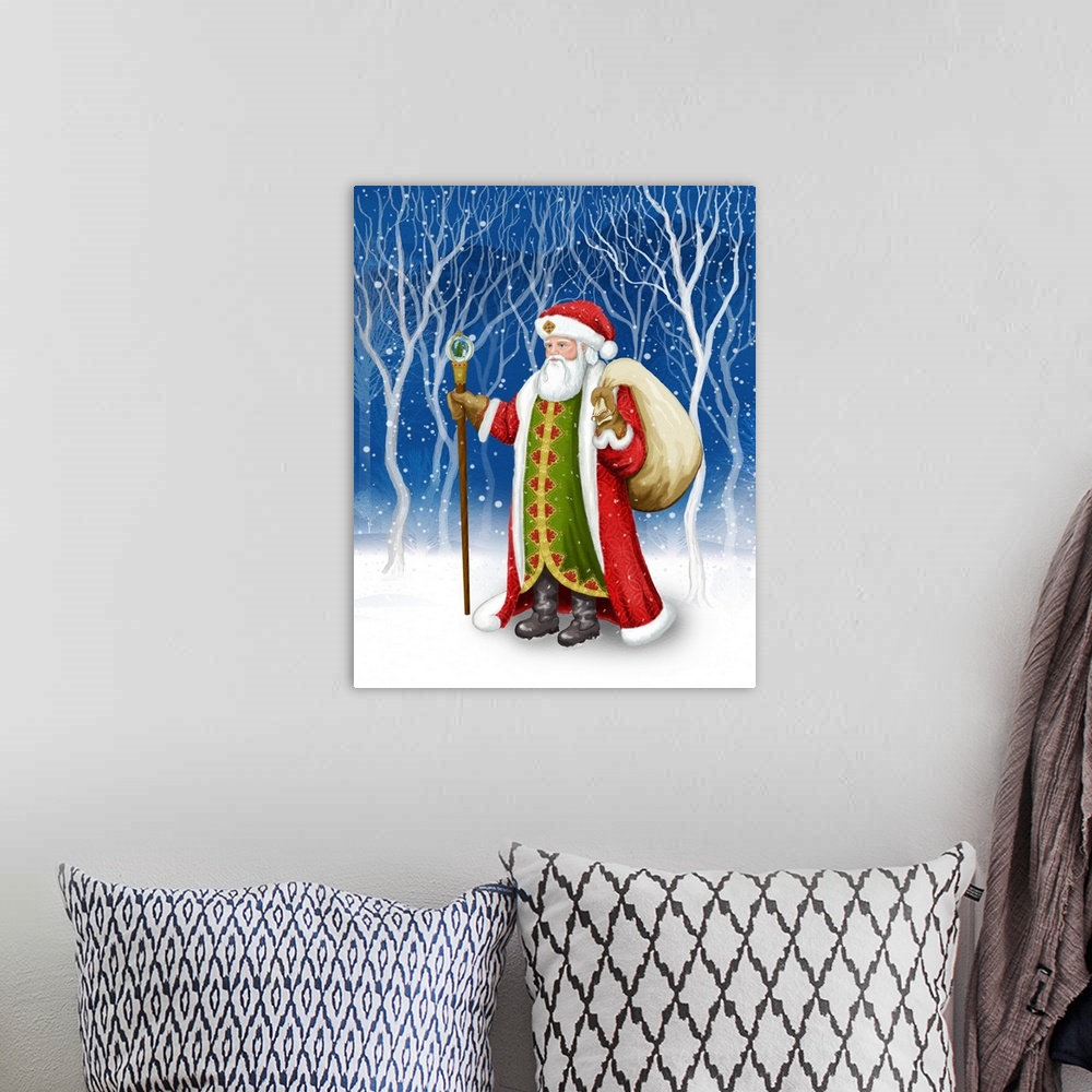 A bohemian room featuring Traditional image of Santa Claus in a snowy forest.